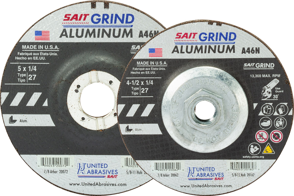 Item # 1183-20018, 4" x 1/4" x 5/8" A46n Aluminum Oxide Type 27 Aluminum  Grinding Wheel Sait Abrasives On SC Fastening Systems